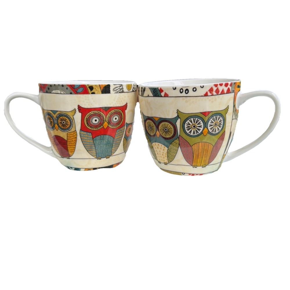 Portmeirion Pimpernel Geometric Owl Coffee Mugs 16 oz Set of 2
